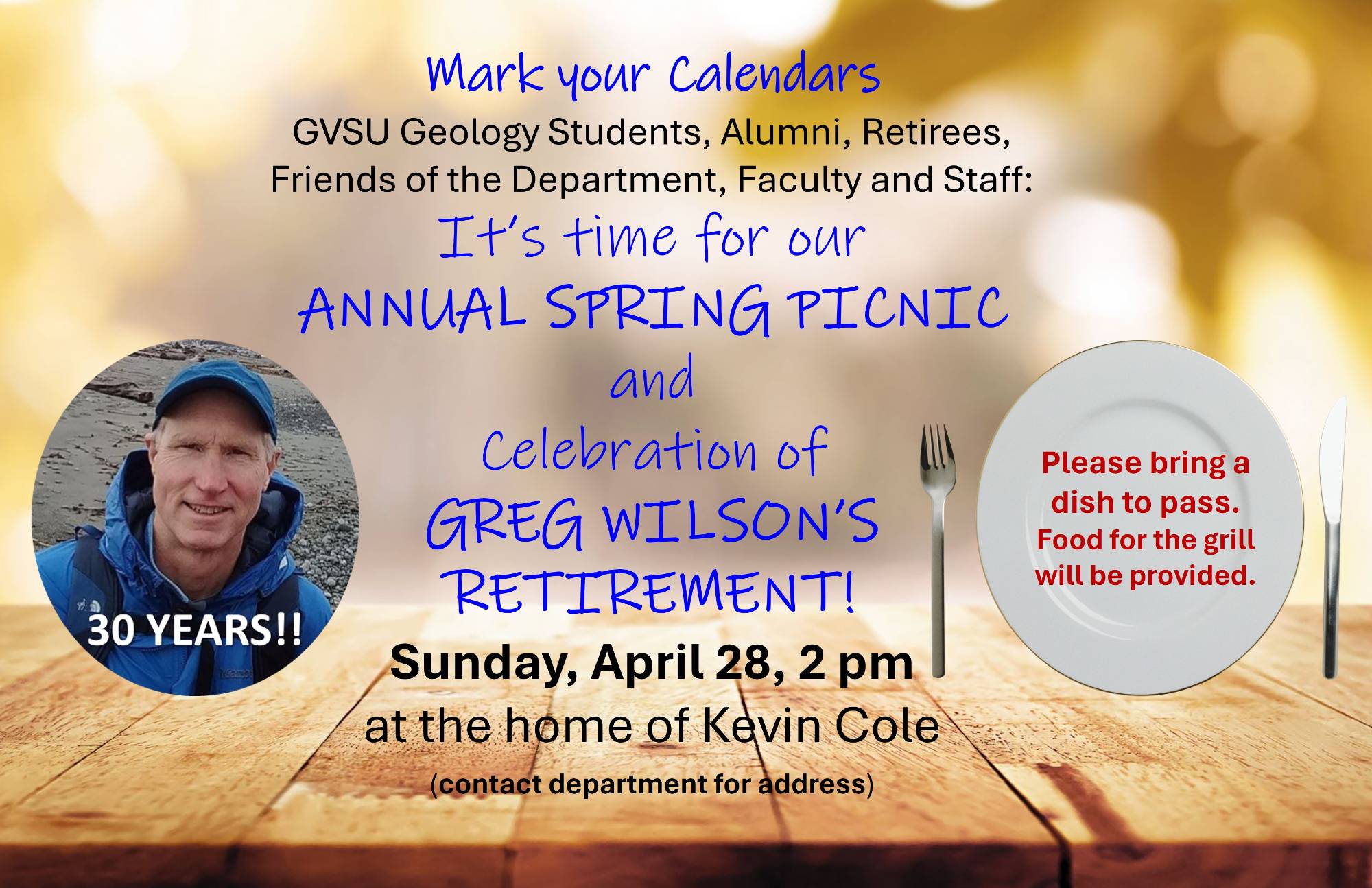 Invitation to department picnic and Greg Wilson retirement party